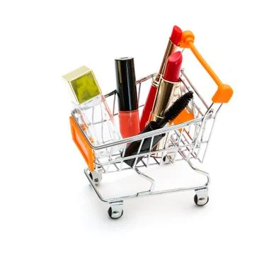 Makeup in pushcart isolated on white background Stock Photos