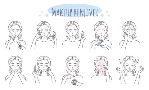 Makeup removal steps, vector illustration. Removing eye, lip, face make up Stock Illustration