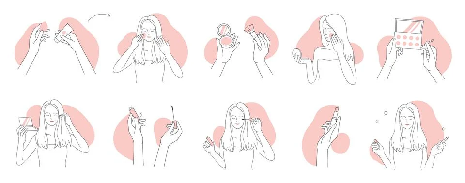 Makeup routine, outline infographic steps set with girls applying cosmetic 스톡 일러스트