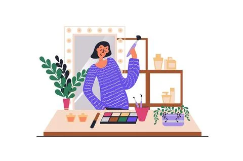 Makeup routine web concept with people scene in flat design. Woman makes gl.. Stock Illustration