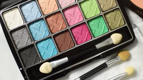 Makeup set, colorful, white background, brushes and pallete Stock Footage 92875026