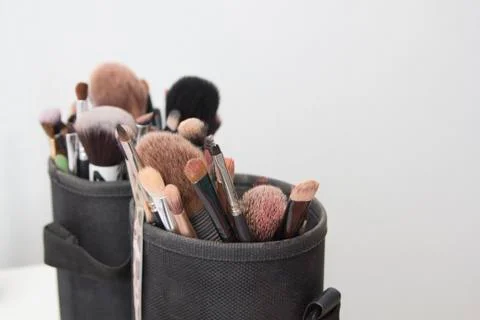 Makeup set consisting of a variety of brushes and pencils for the eyes Stock Photos