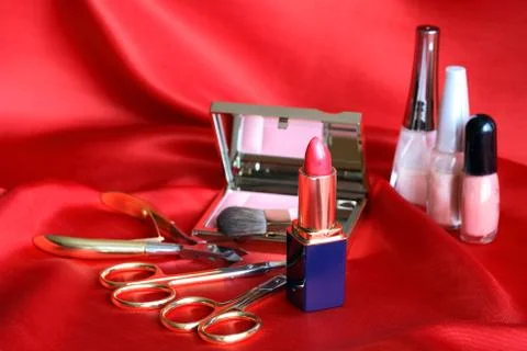 Makeup set on red Stock Photos