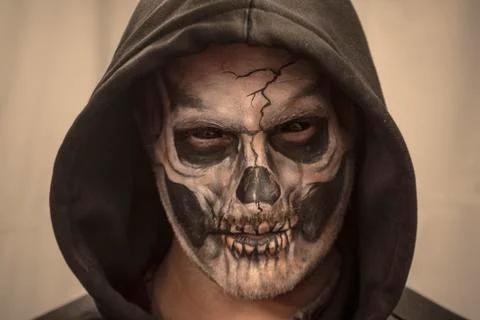Makeup skull on white background. Portrait of a terrible skull. Portrait of a Stock Photos