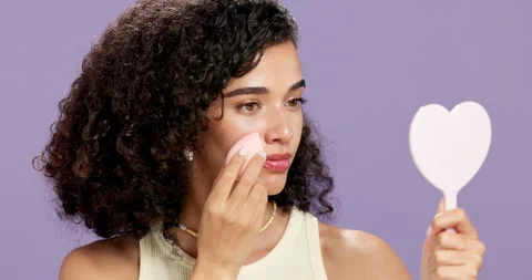 Makeup, sponge or woman in studio with mirror, coverage and puff in self care. Stock Footage 318510245