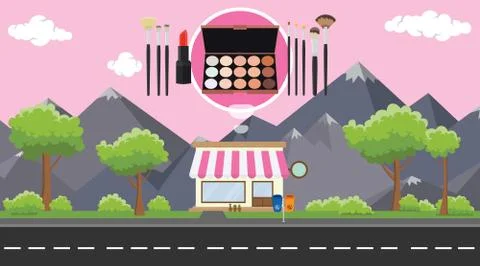 Makeup store on sidewalk with tree and mountain as background 스톡 일러스트