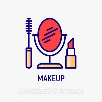 Makeup thin line icon: mascara, mirror and lipstick. Logo for makeup artist. Illustrazione stock