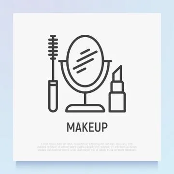 Makeup thin line icon: mascara, mirror and lipstick. Logo for makeup artist. Stock Illustration