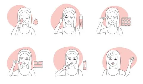Makeup thin line icons set, girls apply on face beauty products with sponge and Stock Illustration