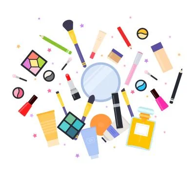 Makeup tools are scattered on white vector flat isolated Stock Illustration
