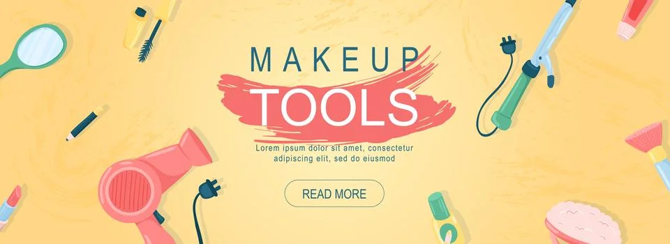 Makeup tools horizontal web banner. Hair dryer, lipstick, mirror, pencil, mas Stock Illustration