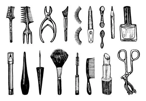Makeup Tools Set. Doodle A collection of female elements for eyebrows, eyes and Illustrazione stock