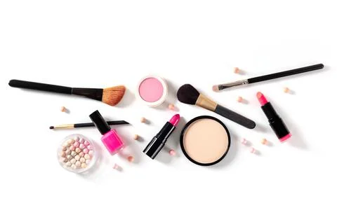 Makeup tools, shot from the top on a white background with a place for text Stock Photos