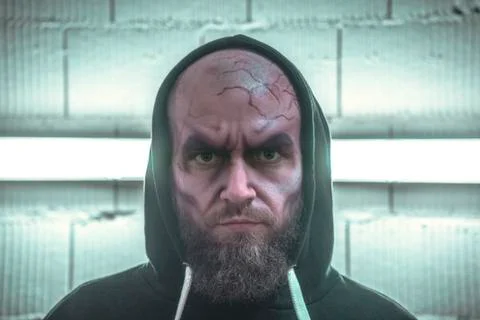 Makeup the vampire. Makeup vampire in a hoodie Halloween. Scary portrait of z Stock Photos
