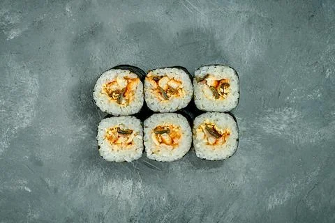 Maki sushi roll with eel on a gray background. Selective Focus. Sushi Menu Stock Photos