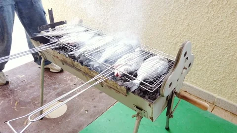 Making Adjustments to Fish BBQ on Grill | Outdoor Cooking Close-Up 動画素材 332815847