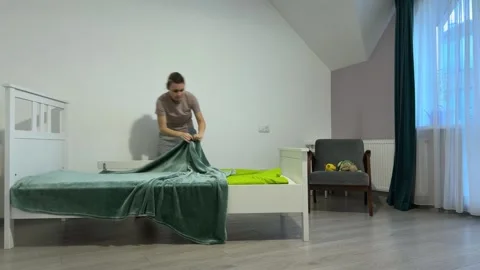 Making Bed With Blanket Morning Routine, Concept Of Order And Discipline Video stock 342566371
