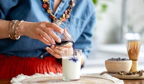 Making A Blue Iced Matcha Latte Stock Photos
