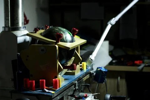 Making of bowling balls. Machine for drilling gripping holes Stock Photos