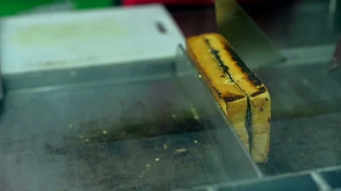 Making bread toast on hot stove close up view Stock Footage 225123887
