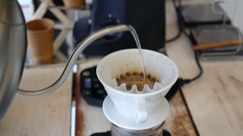 Making Brewed Coffee From Steaming Filter Drip Style Stockbeeldmateriaal 74258960