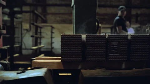 Making bricks on a conveyor belt Stock Footage 132776768