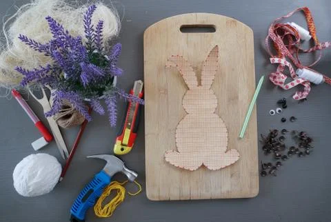 Making Bunny To Easter. Workplace On Table. Above View Stock Photos