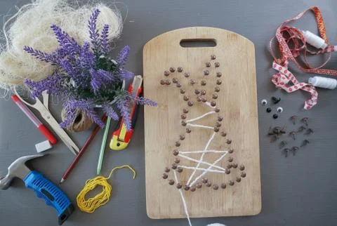 Making Bunny From White Yarn. String Art, Home Crafts To Easter Stock Photos