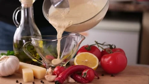 Making Caesar salad sauce - pouring sauce in a glass gravy boat Vídeos de archivo 198133858