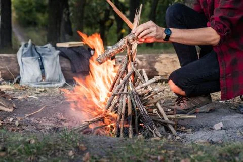 Making campfire at a forest.  Stock Photos