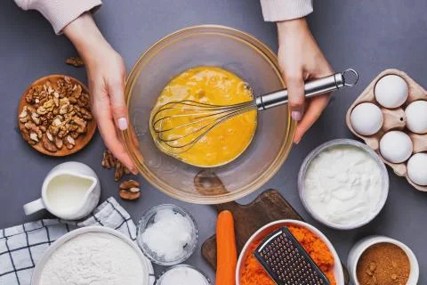 Making carrot cake process, top view. Stock Photos