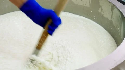 Making Cheese Mixing of cheese inside large industrial stainless steel tank Stock-Footage 336444422
