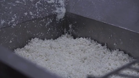 Making cheese Worker at the dairy makes cheese in containers of stainless steel, Stock Footage 73834825