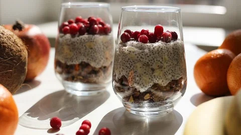 Making chia pudding with cranberries. Stock Footage 128346652