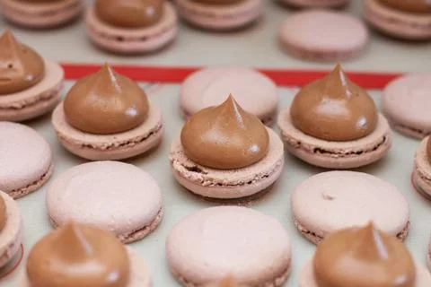 Making chocolate macaroons. Filling shells with chocolate ganache. Selective Stock Photos