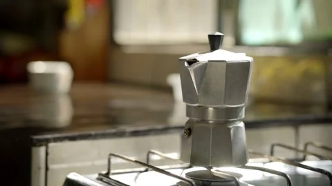 Making Coffee with Classic Moka Pot on Kitchen Stove Stock-Footage 310413774
