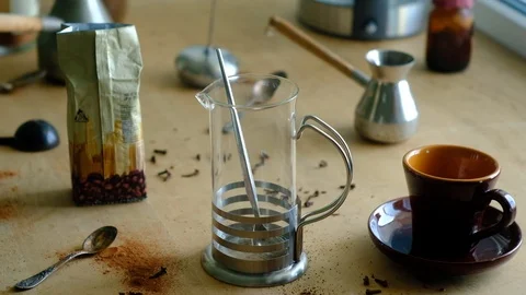 Making coffee in french press Stock Footage 88355546