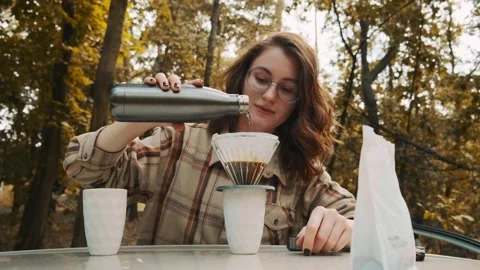 Making coffee outdoors. Filter coffee Stock Footage 287107454