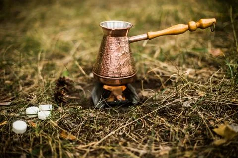 Making coffee while camping on the stove Stock Photos