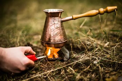Making coffee while camping on the stove Stock Photos