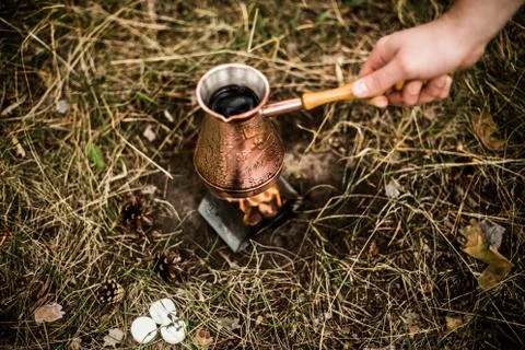 Making coffee while camping on the stove Stock Photos