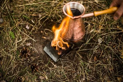 Making coffee while camping on the stove Stock Photos