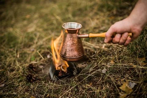 Making coffee while camping on the stove Stock Photos