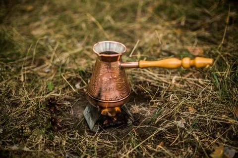 Making coffee while camping on the stove Stock Photos
