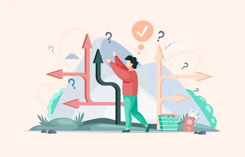 Making confusion choice of path. Man thought about solution to problem choose Illustrazione stock