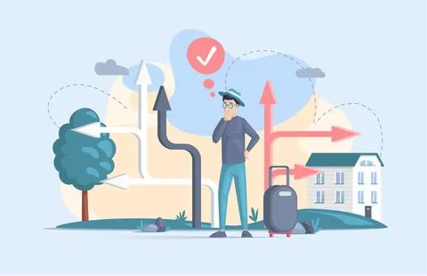 Making confusion choice of path. Man thought about solution to problem choose Illustrazione stock