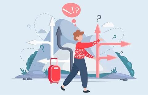 Making confusion choice of path. Man thought about solution to problem choose Illustrazione stock