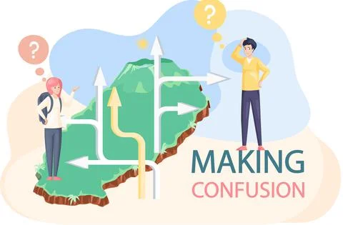 Making confusion choice of path. Man thought about solution to problem choose Illustrazione stock