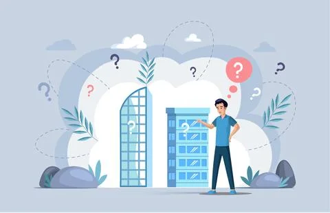 Making confusion. Doubts person surrounded by question marks. Questions dilemma Stock Illustration