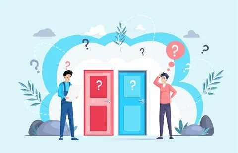 Making confusion. Men think about solution to problem, chooses which door to Stock Illustration